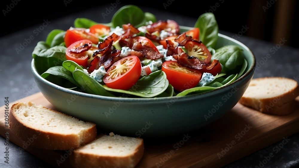 Fresh salad with tomatoes, spinach, blue cheese and prosciutto