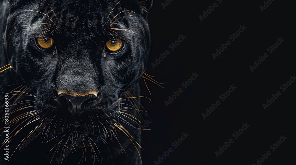 Front view of Black Panther on yellow eyes in black background. Wild animals banner with copy space. Front view of Black Panther on yellow eyes in black background. Wild animals banner with copy space.