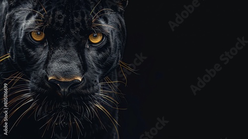 Front view of Black Panther on yellow eyes in black background. Wild animals banner with copy space.