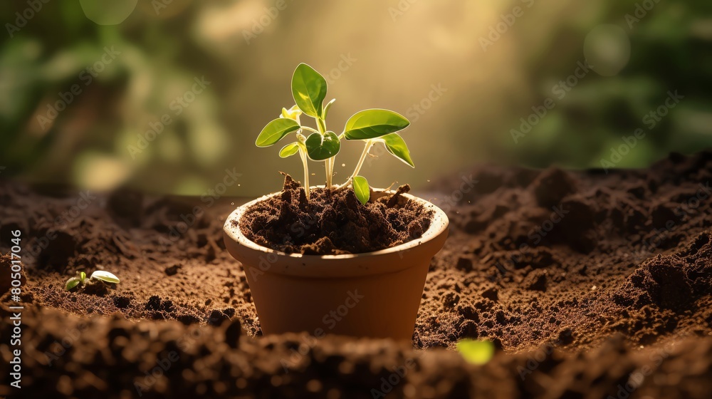 A close-up image of a small plant growing in a pot of soil. The plant is green and healthy, and the soil is moist. The background is out of focus and is a warm, brown color. A close-up image of a small plant growing in a pot of soil. The plant is green and healthy, and the soil is moist. The background is out of focus and is a warm, brown color.
