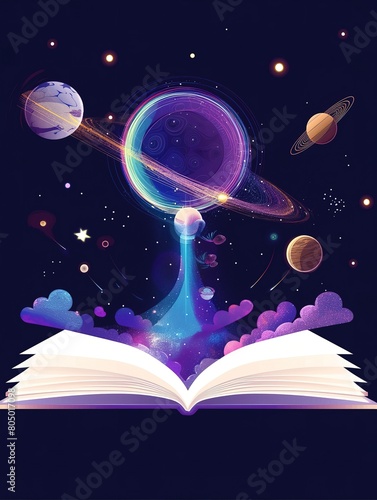 Magic book. Open book with planets and stars on the dark background.  © amrets