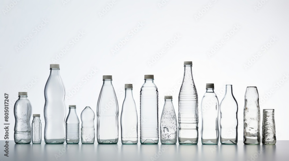 A variety of glass bottles of different shapes and sizes are arranged on a white background. A variety of glass bottles of different shapes and sizes are arranged on a white background.