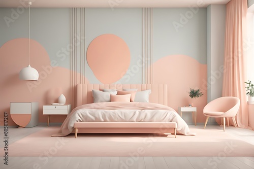  Bedroom in pastel tone peach fuzz color trend 2024 year panton furniture and background. Modern luxury room interior home design. Empty painting wall for art or wallpaper  pictures  art. 3d render 