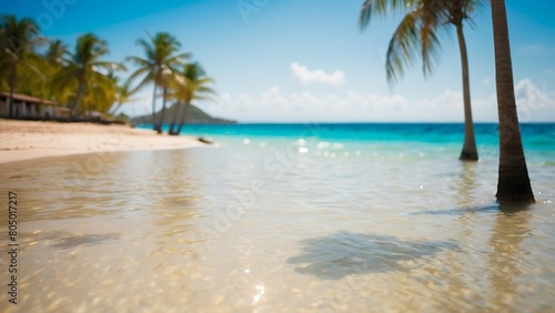 Blur image of beautiful tropical beach and sea with coconut palm tree. summer vacation concept