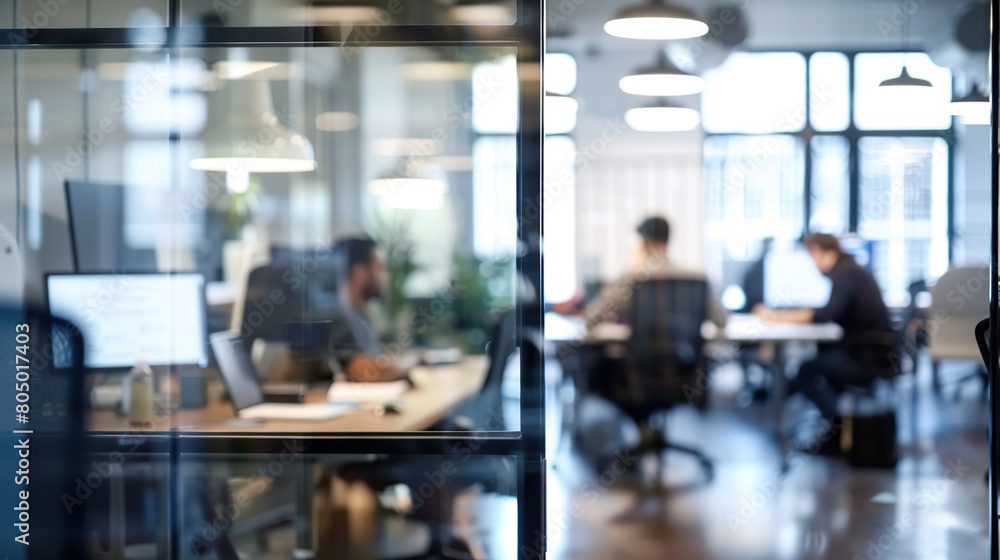 Bright business workplace with people in walking in blurred motion in modern office space Bright business workplace with people in walking in blurred motion in modern office space