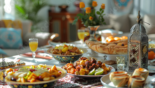 Traditional Eastern dishes for Ramadan on dining table in room  closeup