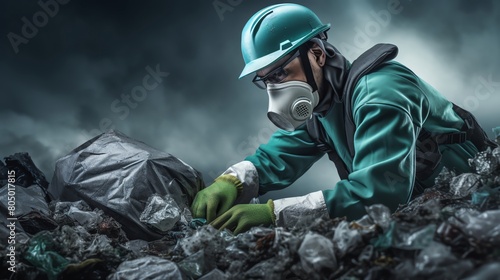 A sanitation worker wearing a hard hat, gloves, and a respirator sorts through a pile of garbage. photo