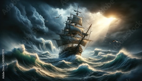 Wallpaper Mural tall ship bravely navigating through a tumultuous sea under a stormy sky, where light breaks through the dark clouds Torontodigital.ca