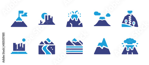 Mountain icon set. Duotone color. Vector illustration. Containing fujimountain, mount, goal, valley, rock, lapiedra, river, volcano, nature. photo