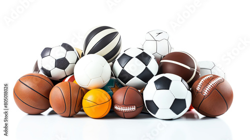 A variety of sports balls are piled together on a white background. There are volleyballs  basketballs  footballs  and more.