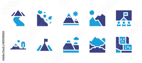 Mountain icon set. Duotone color. Vector illustration. Containing landslip, river, goal, mountain, waterfall.