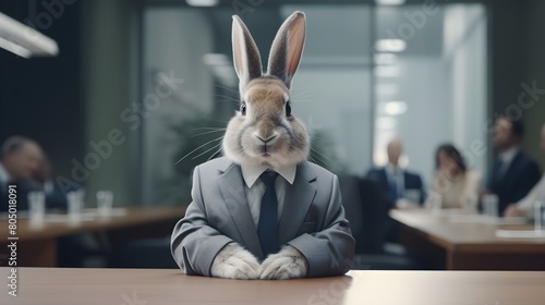 A bunny executive  confidently presenting business proposals in a sleek corporate boardroom 