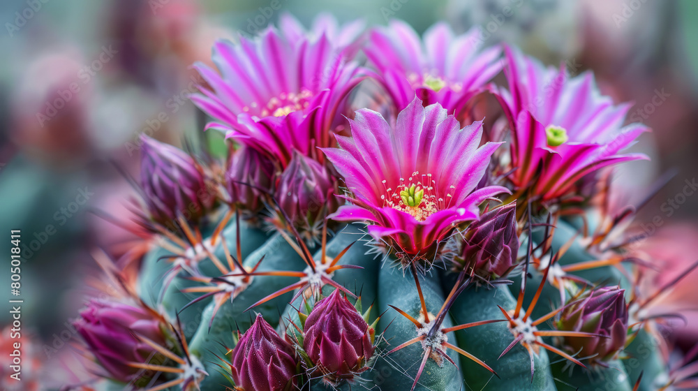 Close-up of a flowering cactus with vibrant pink blooms, detailed texture Close-up of a flowering cactus with vibrant pink blooms, detailed texture