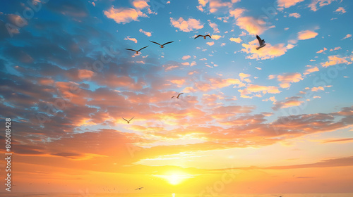A painting depicting a sunrise with birds flying in the sky, symbolizing hope and new beginnings for World Wildlife Day. The artwork is rendered in the style of an impressionist artist, with vibrant 