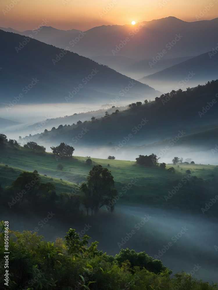 Embrace the tranquility of dawn in the mountains, as mist shrouds the landscape in a veil of mystery under the rising sun.