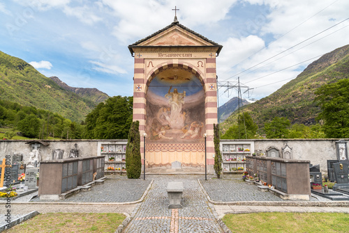 View of the cemetery chapel in Moghegno, hamlet of Maggia in the Canton of Ticino, Switzerland photo