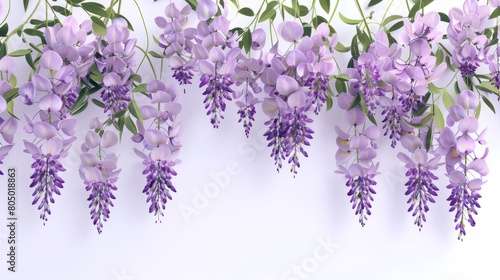 branch of beautiful hanging purple wisteria flowers. 3d render. isolated on white background  