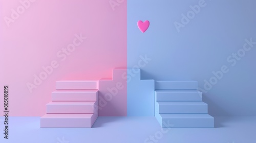 A pair of stairs in blue and pink colors for a couple to reach each other for love. a red heart on the wall. in the style of minimal 3D render.