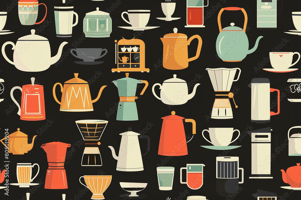 Classic teapots and modern coffee machines in a seamless pattern, a vector tribute to beverage culture Classic teapots and modern coffee machines in a seamless pattern, a vector tribute to beverage culture