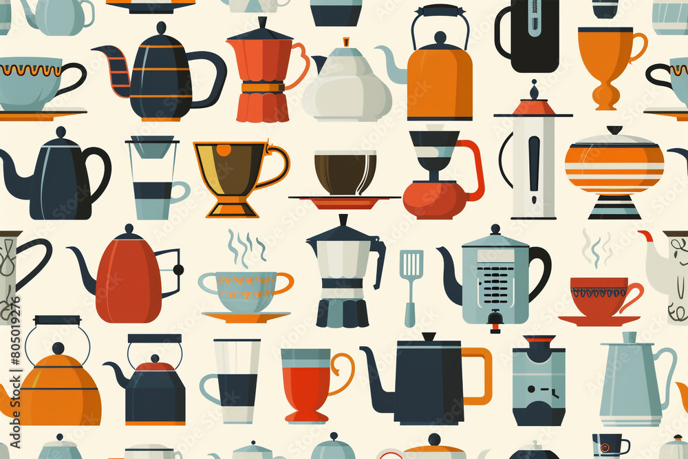 Classic teapots and modern coffee machines in a seamless pattern, a vector tribute to beverage culture Classic teapots and modern coffee machines in a seamless pattern, a vector tribute to beverage culture