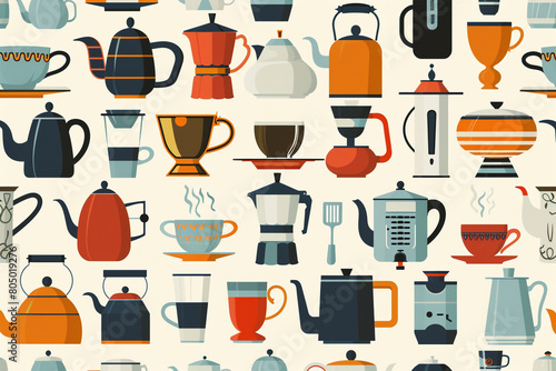 Classic teapots and modern coffee machines in a seamless pattern  a vector tribute to beverage culture 