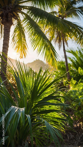 Embrace the warmth of summer  a picturesque scene of sun rays dancing through vibrant green palm tree leaves  setting the stage for a perfect beach day.