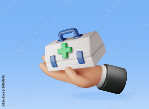 3d First aid kit with green cross in hand isolated. Render plastic bag for medicine. Healthcare, hospital and medical diagnostics. Urgency and emergency services. Vector illustration