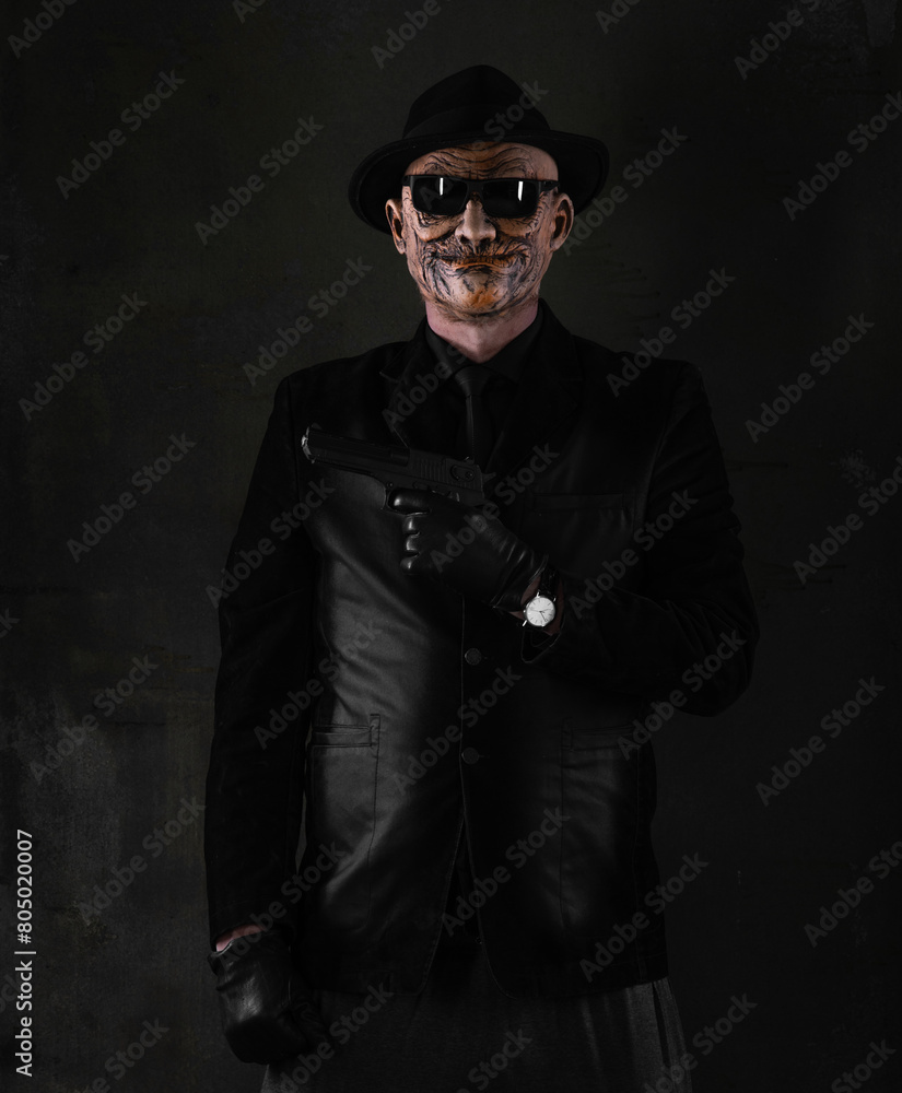 portrait of a masked robber with a gun portrait of a masked robber with a gun