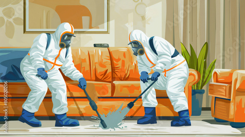 Workers in biohazard costume removing dirt from sofa