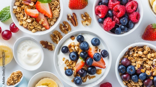 Healthy Breakfast Spread with Granola, Yogurt, Berries, and Nuts, Balanced and Delicious