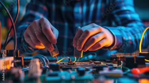 A person is using a soldering iron to work on a motherboard, demonstrating their expertise in engineering and hand-eye coordination. AIG41