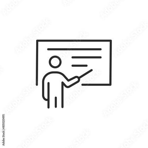 Teacher icon. Simple representation of a figure pointing to a board, indicative of education, classroom instruction, and teaching. Suitable for use in educational platforms, apps. Vector illustration