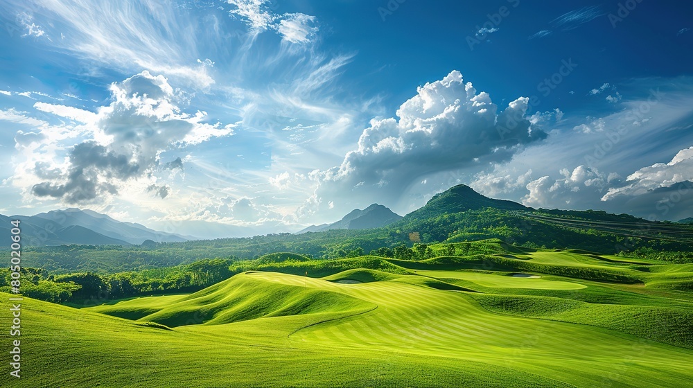 Obraz premium Golf course with mountain and blue sky background.