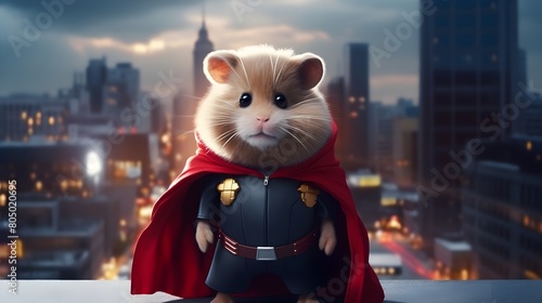 A cute hamster in a superhero cape, saving the day with its tiny heroics in a miniature cityscape