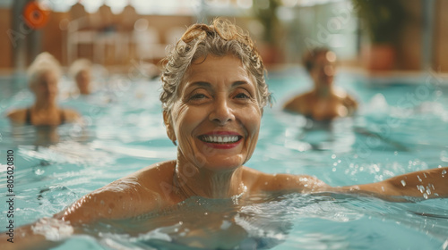An elderly woman smiling joyfully while enjoying a swim in an indoor pool  with others visible in the background also in the water.
