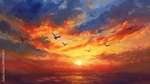 A picturesque scene of the sun setting with birds flying in the sky, set against an orange-yellow background. The composition includes a designated area for adding text or graphics. A warm ambiance  photo