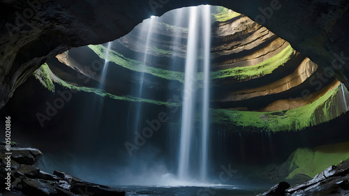 Mystical waterfall in a hidden cave. photo