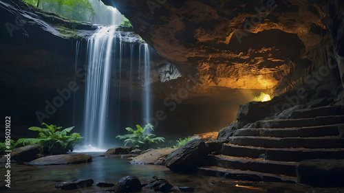 Mystical waterfall in a hidden cave. photo