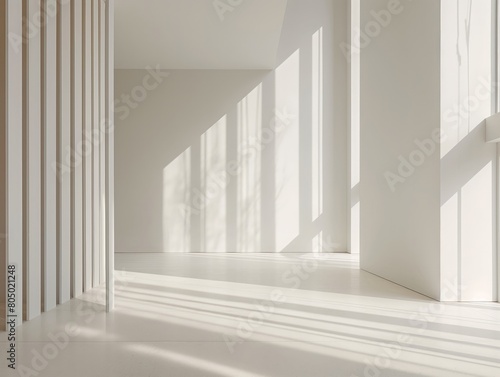 A serene white minimalist space bathed in natural light  creating a play of shadows and lines.