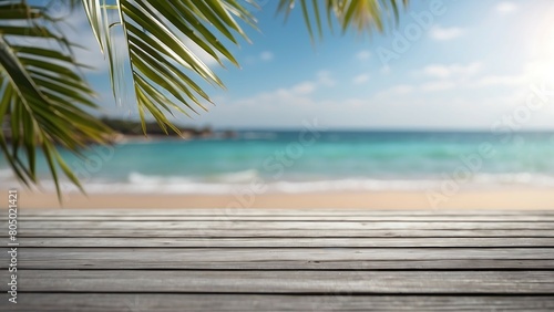 Wood table top on blur tropical beach background - can be used for display or montage your products