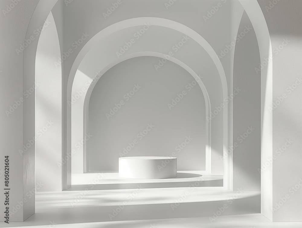 A serene and modern interior space with white archways leading to a central podium, bathed in soft natural light.