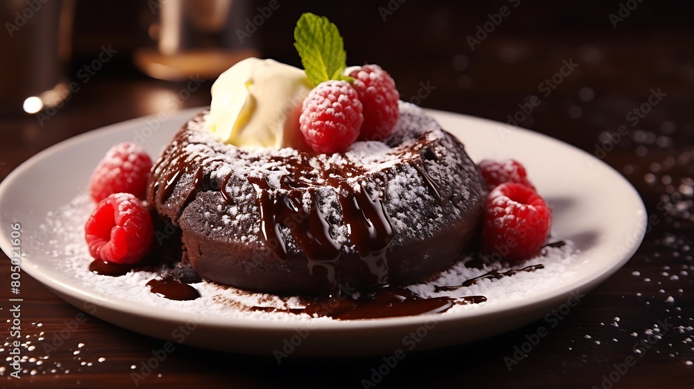 A decadent chocolate lava cake oozing with molten chocolate filling