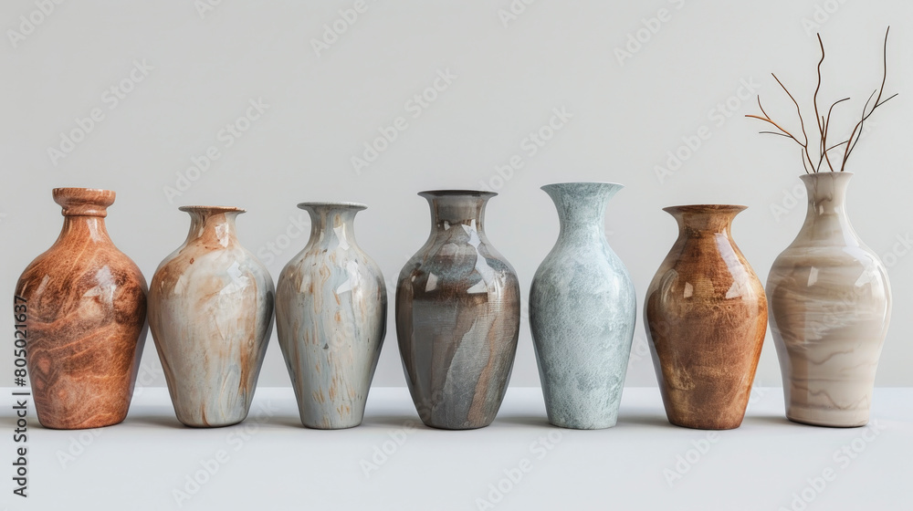 A collection of seven ceramic vases with various glazes and patterns, one containing dried branches, displayed in a row against a neutral background. A collection of seven ceramic vases with various glazes and patterns, one containing dried branches, displayed in a row against a neutral background.