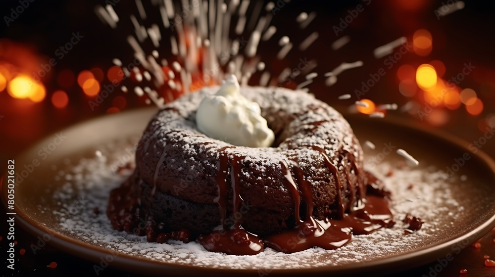 A decadent chocolate lava cake oozing with molten chocolate filling