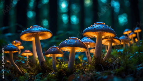 Enchanted Forest Discovery, Close-up of fantastical glowing mushrooms, illuminating the mystery of a dark woodland.