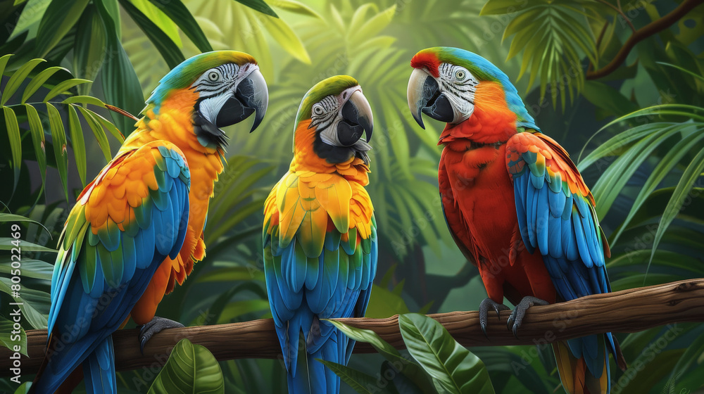 Three vibrant macaws perched on a branch, with lush green foliage in the background, showcasing their colorful feathers in hues of blue, yellow, and red.