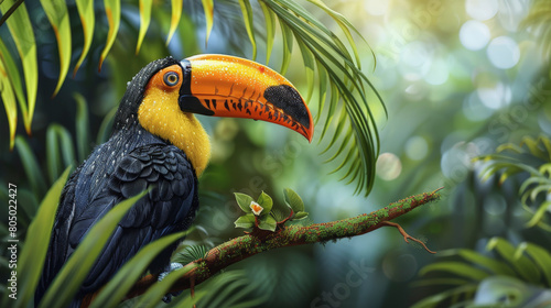 A vibrant toucan perched on a branch amidst lush green foliage, showcasing its bright orange beak and colorful plumage in a tropical environment.