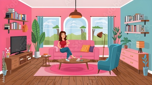 Woman in pink home living room interior with sofa. Cartoon cozy flat design with couch, tv, armchair and bookcase. House livingroom with man inside. Wood floor in apartment lounge graphic drawing. photo