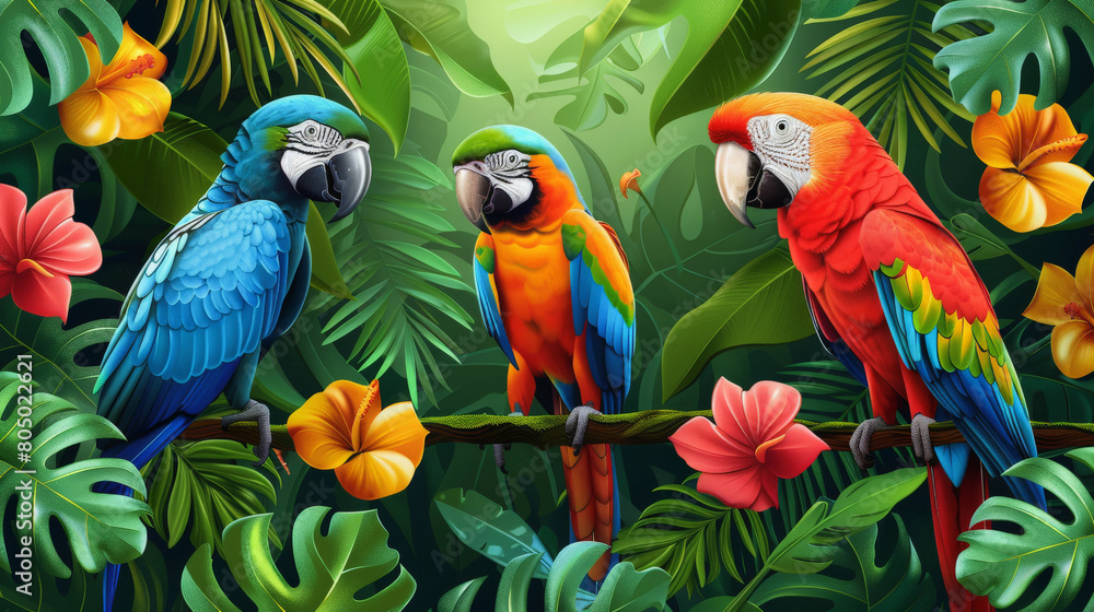 Three vibrant macaws perched on a branch amidst a lush tropical setting with colorful flowers and dense greenery, illustrating a lively jungle scene.
