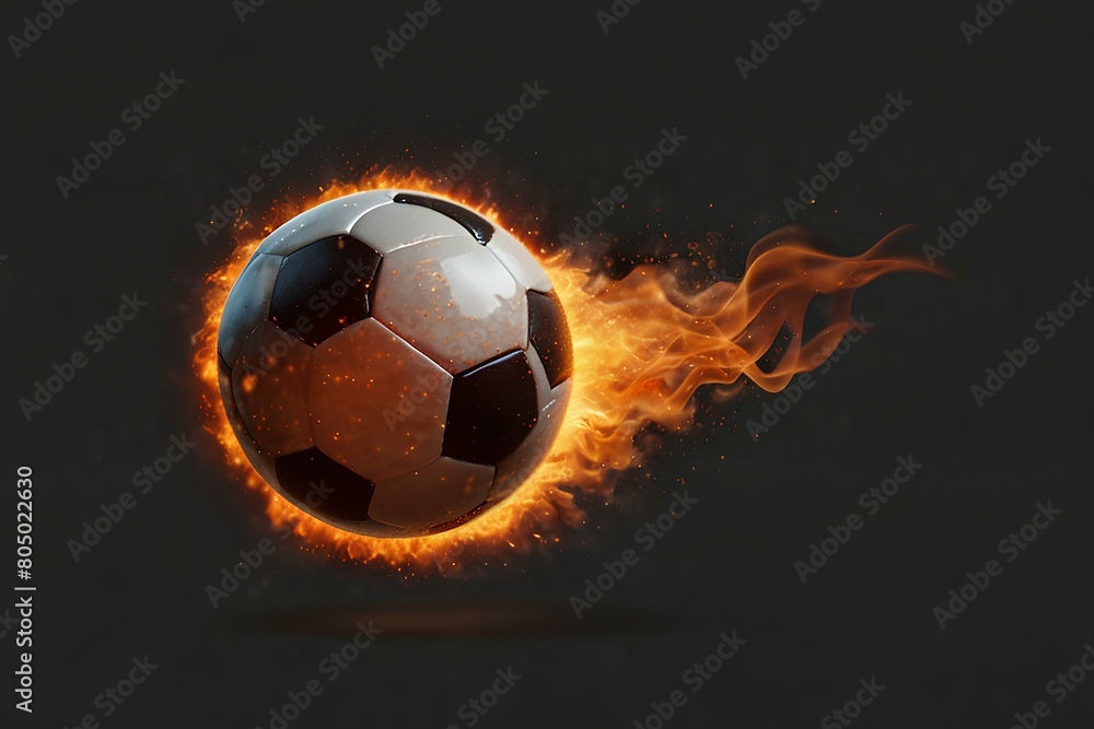 Fototapeta premium Soccer ball flying on fire isolated on dark background
